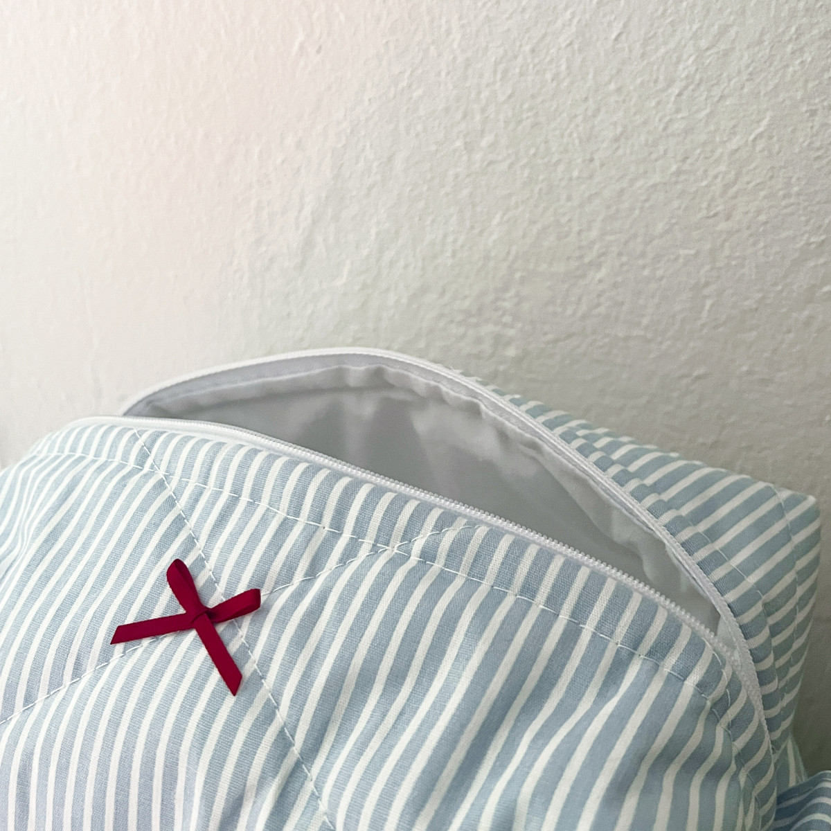 Light Blue Striped Makeup Bag