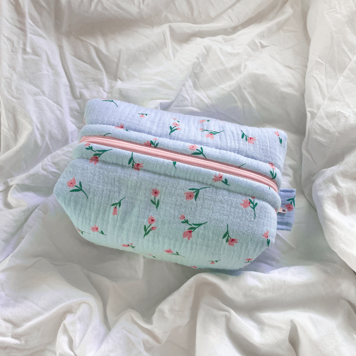 Light Blue Floral Makeup Bag Small