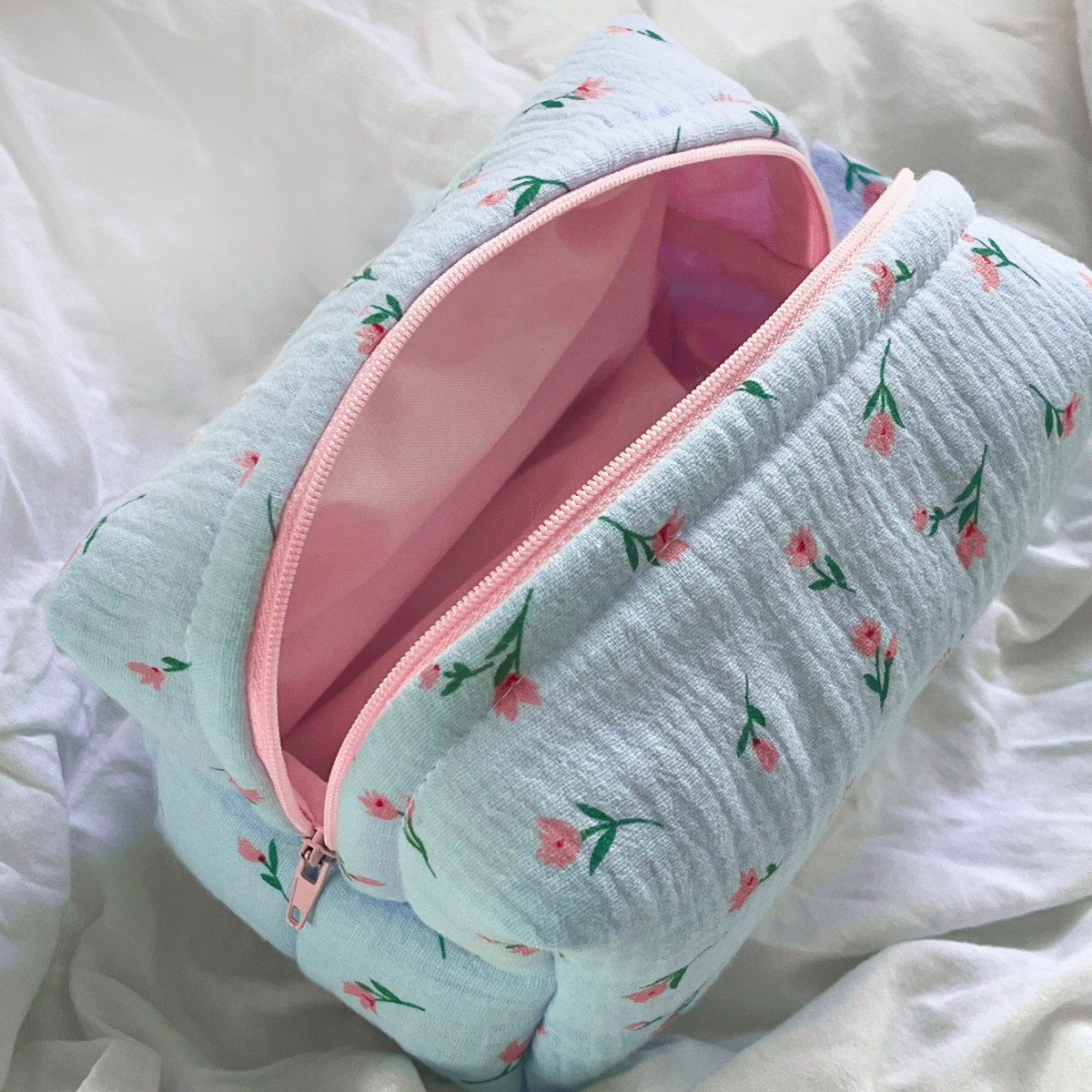 Light Blue Floral Makeup Bag