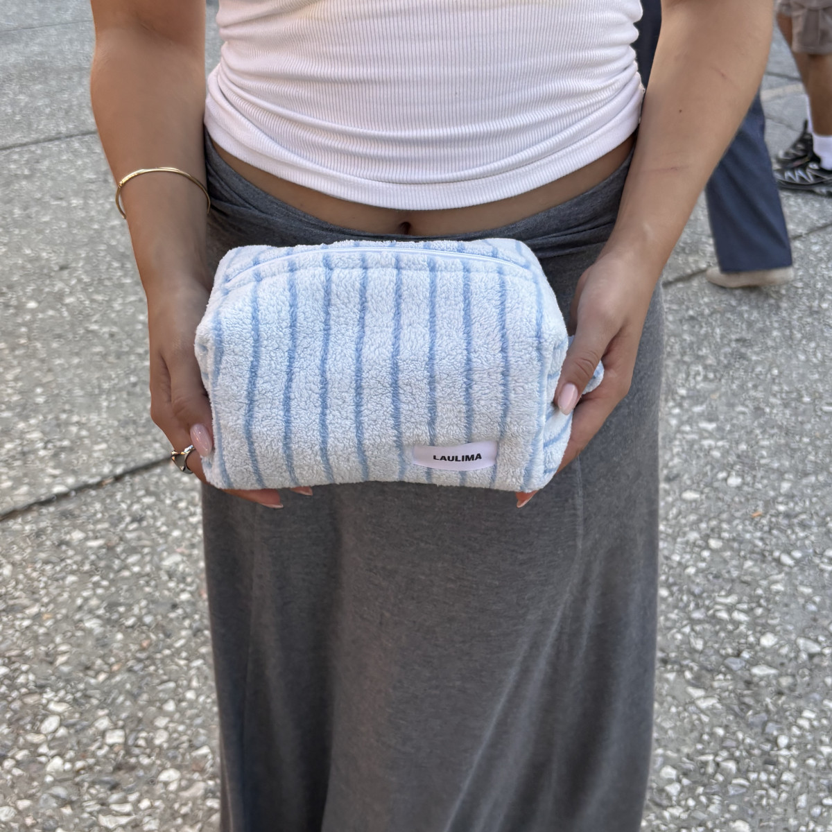 Blue Striped Fluffy Makeup Bag
